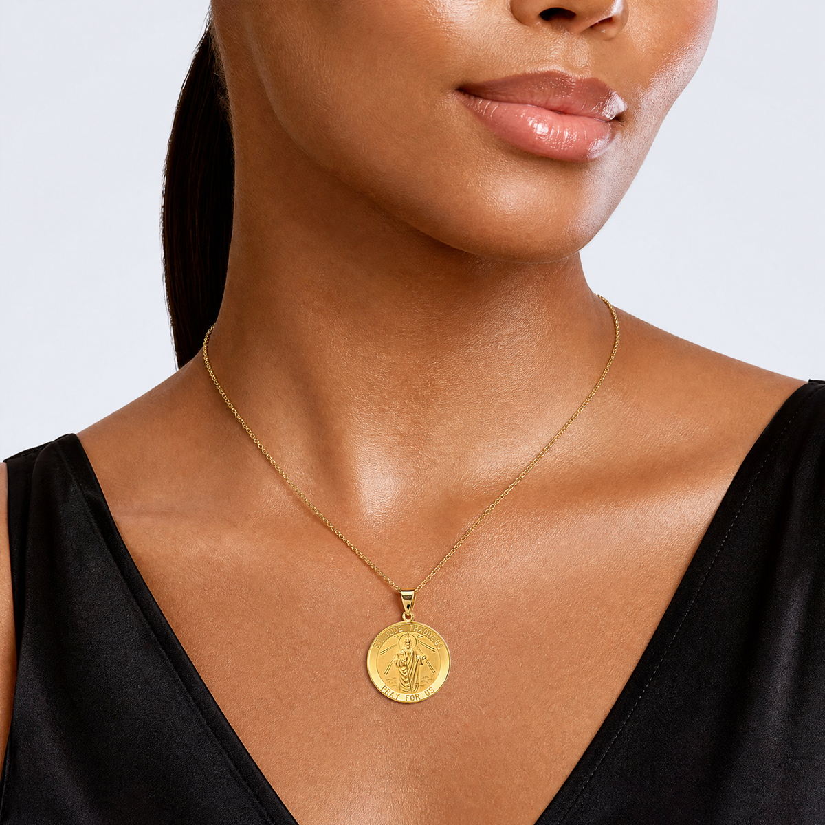 14k Polished and Satin St Jude Thaddeus Medal Hollow Pendant - Model Shot