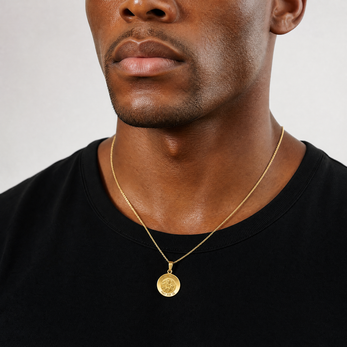 14k Polished and Satin St Michael Medal Hollow Pendant - Model Shot