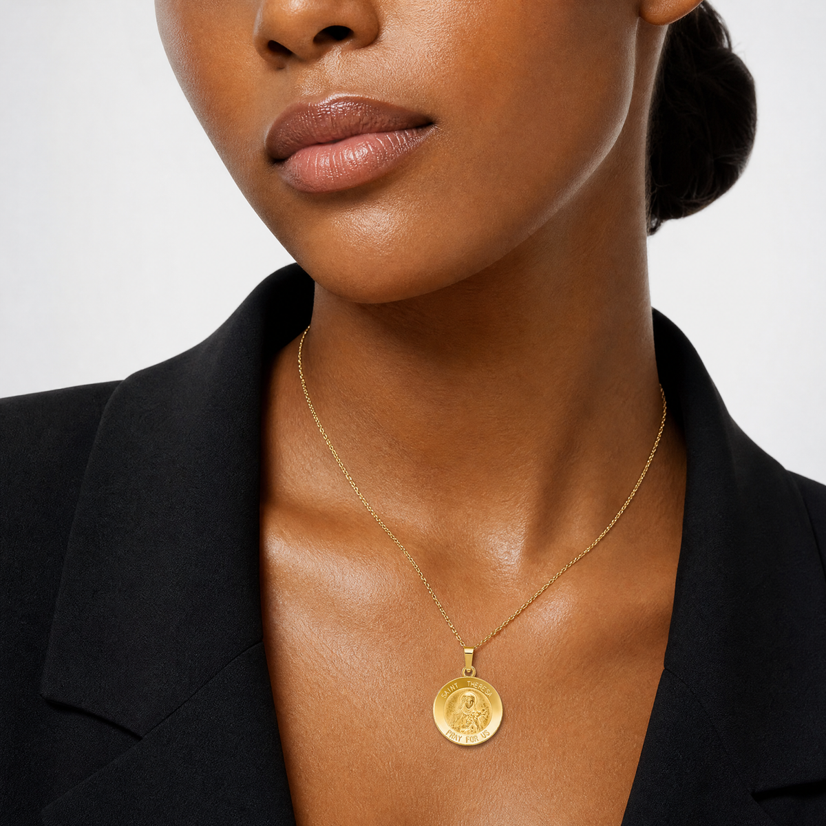 14k Polished and Satin St Theresa Medal Hollow Pendant - Model Shot