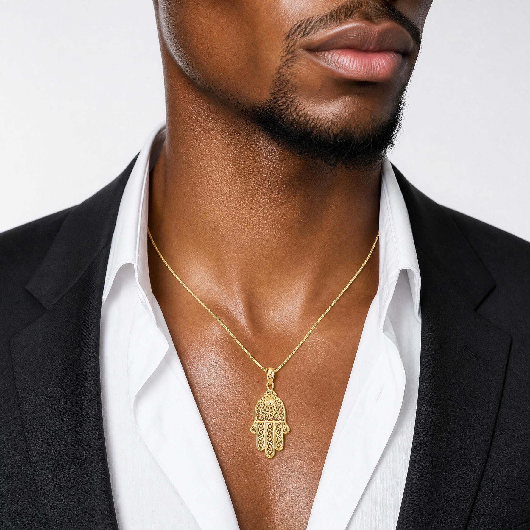 14k Yellow Gold Hand of God Pendant - Model Shot