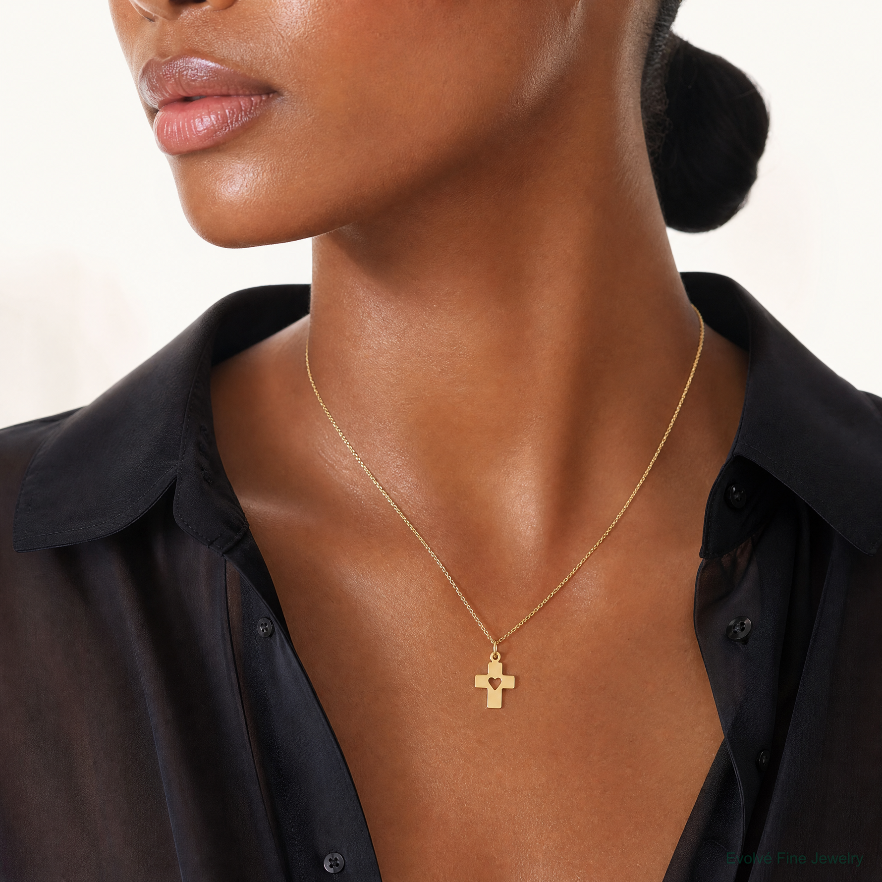 14k Polished Cross with Heart Pendant - Model Shot