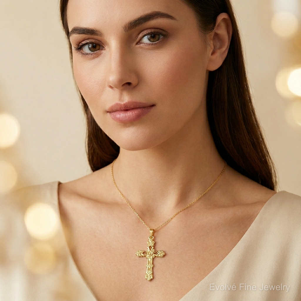 14k Polished Budded Cross Pendant - Model Shot