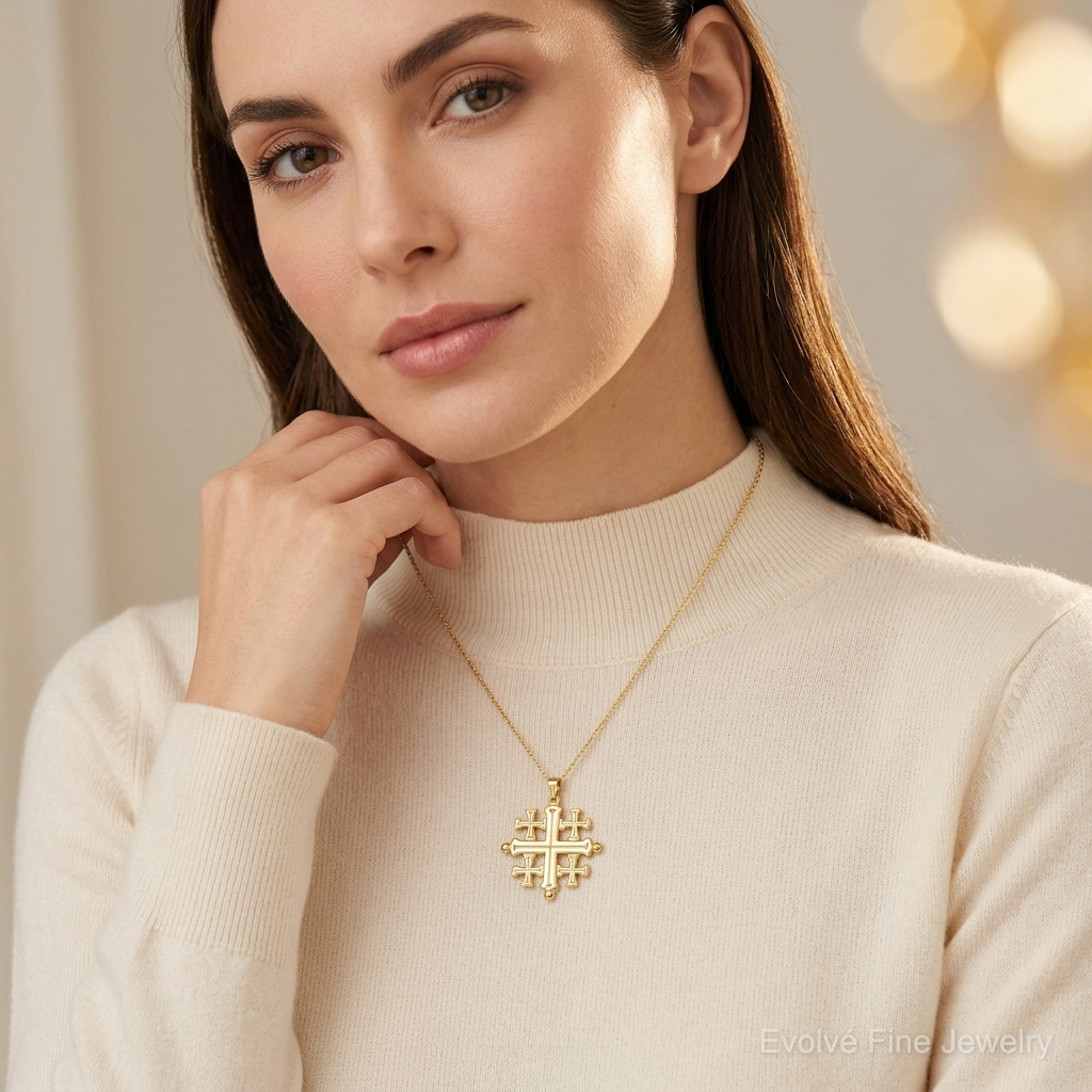 14k Polished Jerusalem Cross Pendant - Model Shot