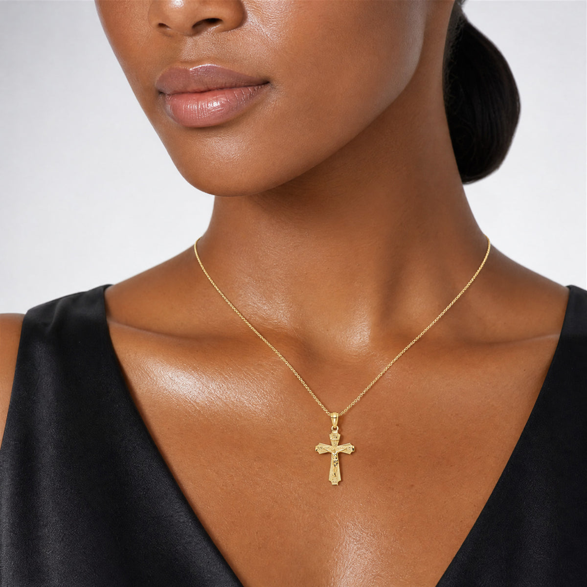 14k Gold Polished Small Passion Crucifix Pendant - Model Shot