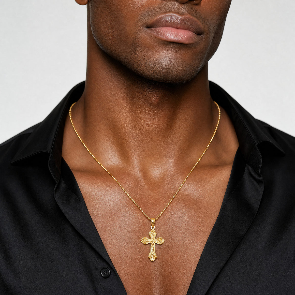 14k Gold Polished INRI Small Crucifix Pendant - Model Shot