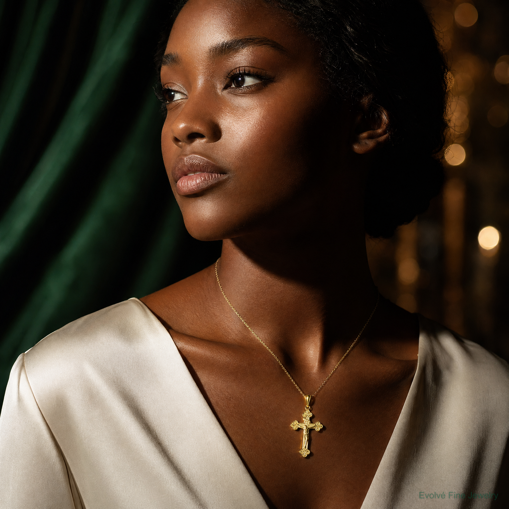 14k Gold Polished INRI Medium Crucifix Pendant - Model Shot