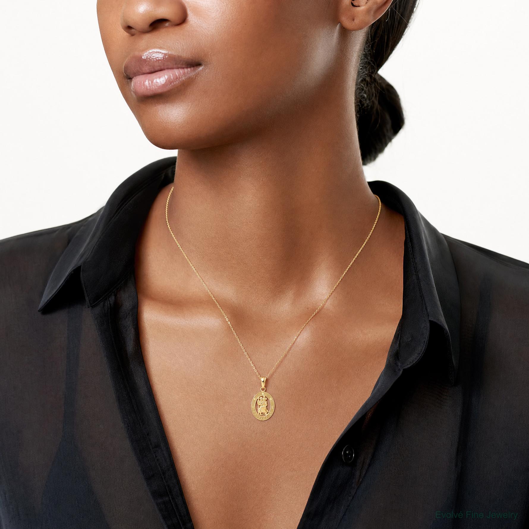 14k Gold Polished St Christopher Pendant - Model Shot