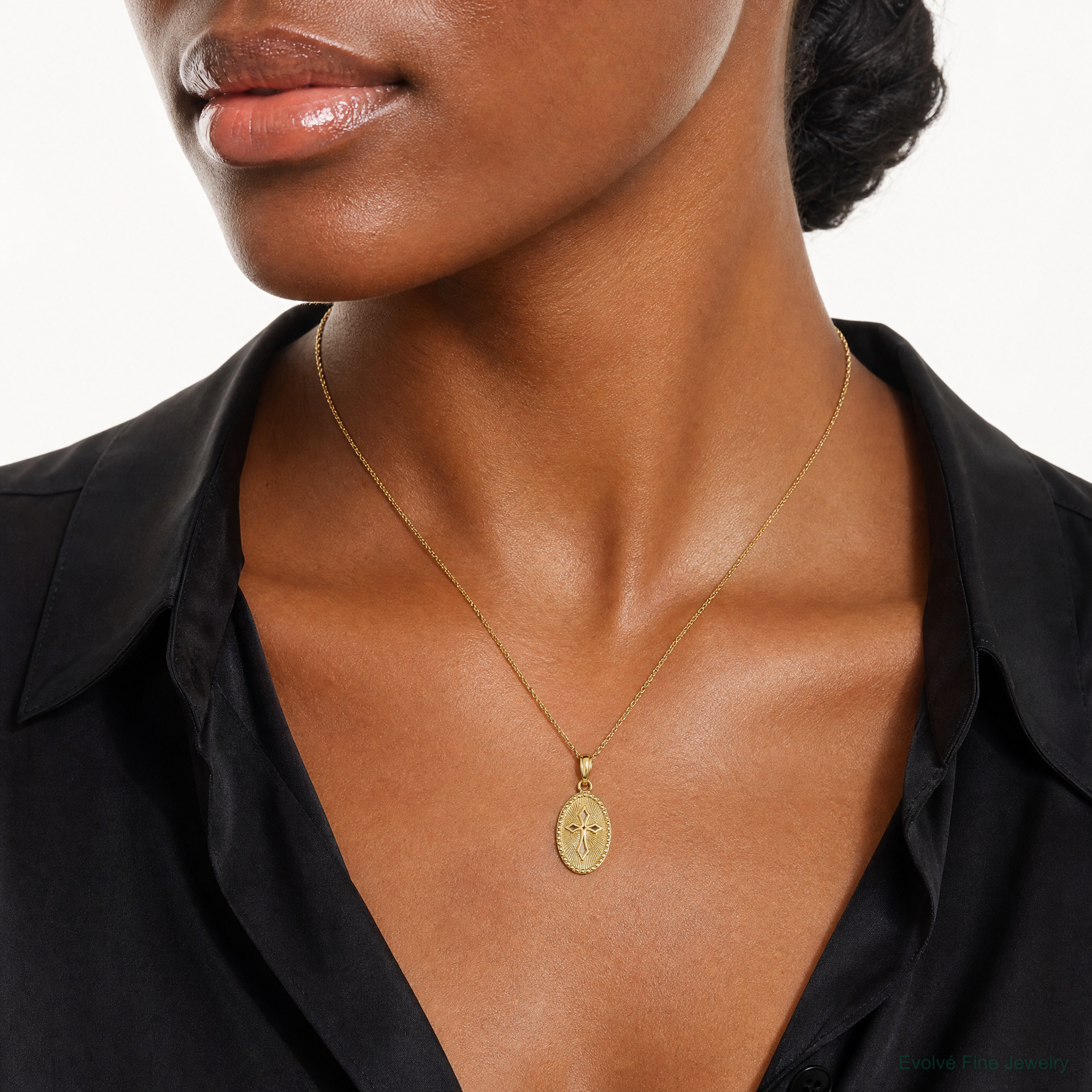 14k Gold Polished Small Cross Medal Pendant - Model Shot