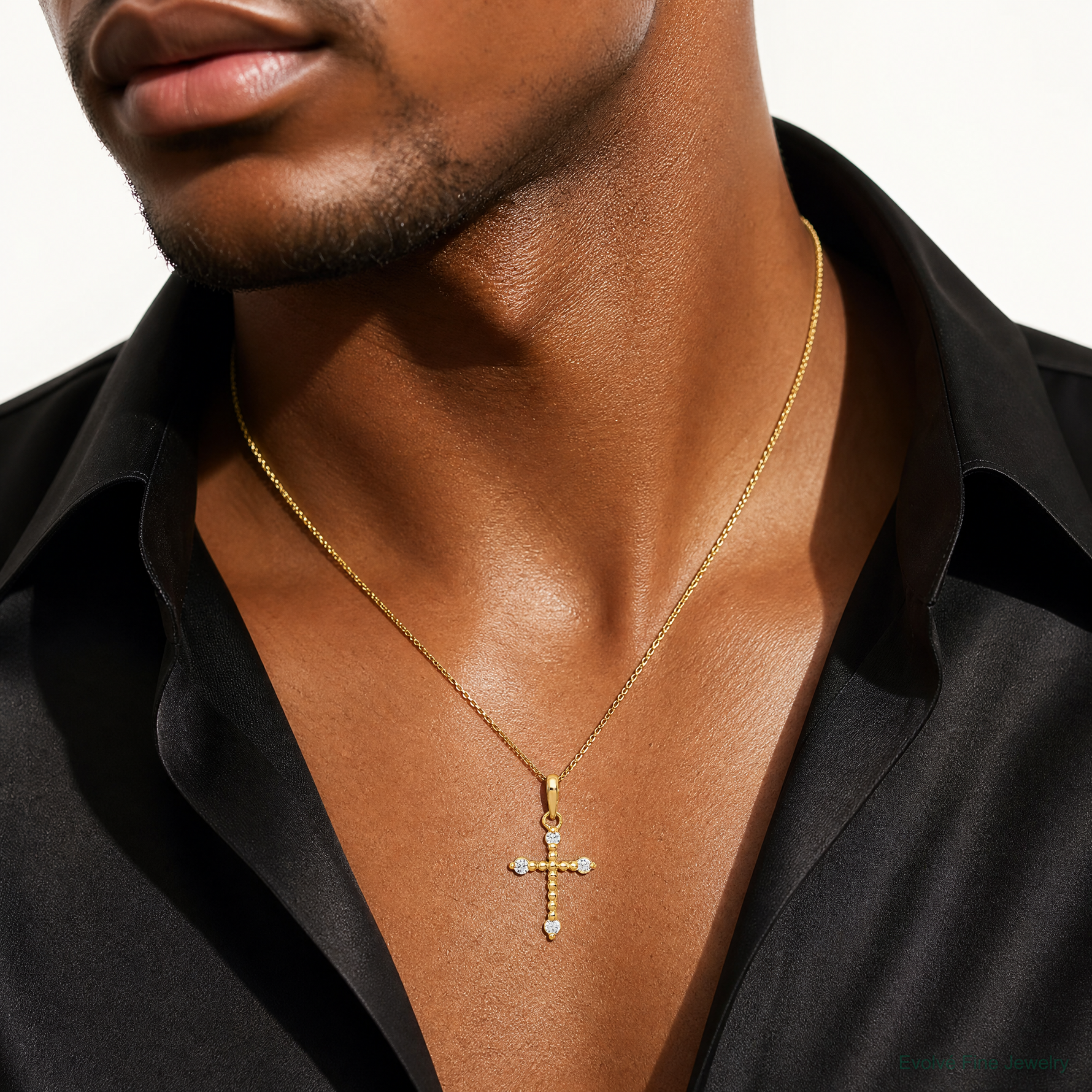 14k Polished Beaded CZ Cross Charm - Model Shot
