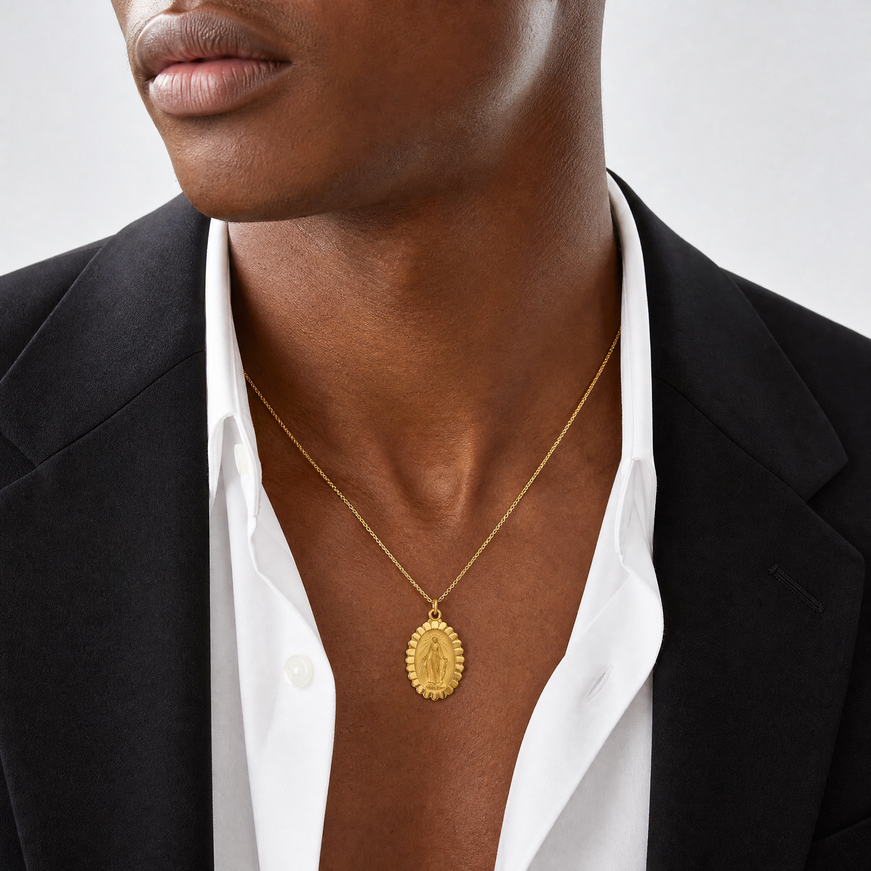 14k Solid Polished/Satin Medium Oval Scalloped Miraculous Medal - Model Shot