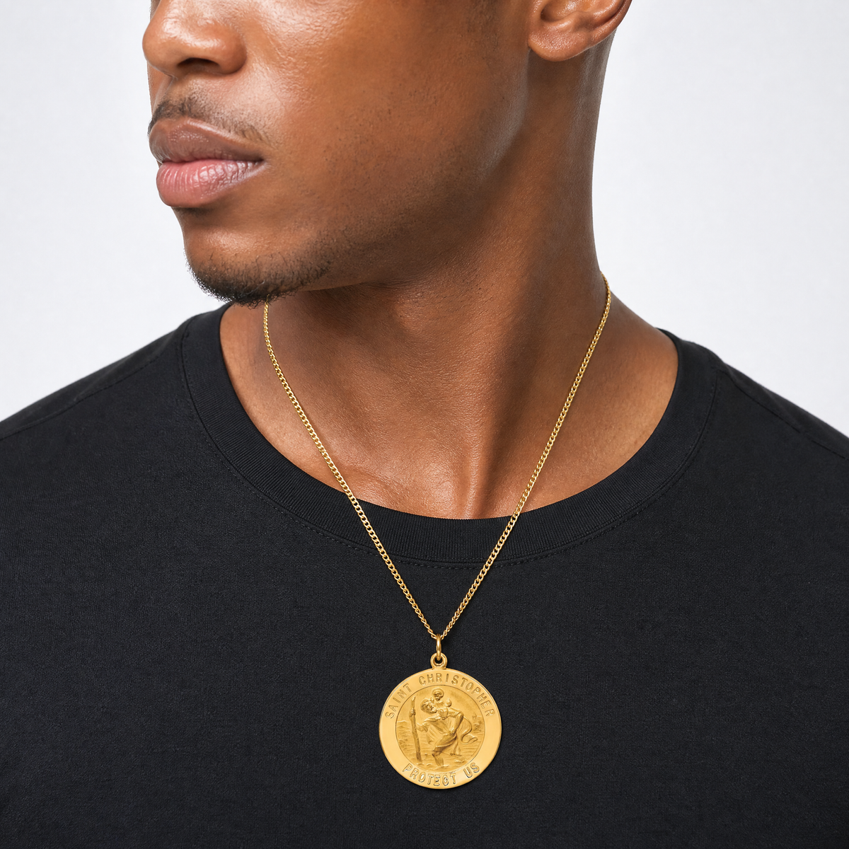14k Solid Polished/Satin Large Round St. Christopher Medal - Model Shot