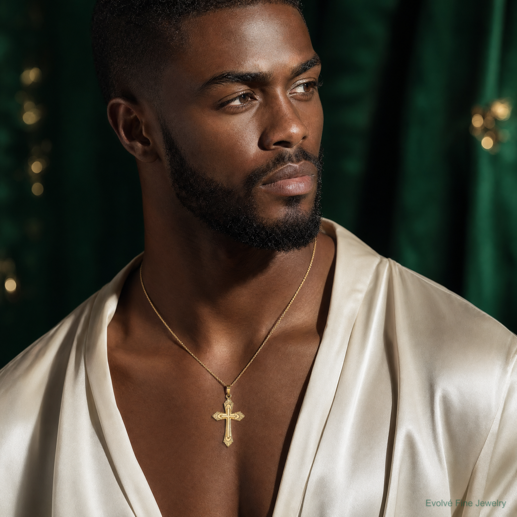 14k Hollow Polished Fleur de Lis Cross - Model Shot