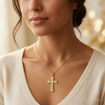 14k Hollow Polished Woven Fleur de Lis Cross - Model Shot