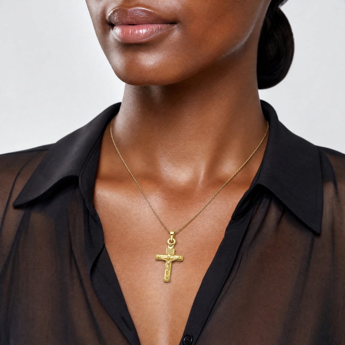 14k Hollow Crucifix Pendant - Model Shot