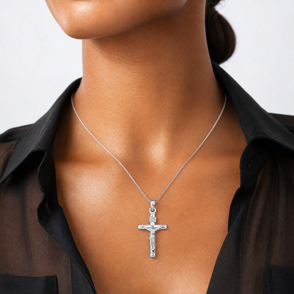 14k White Gold Hollow Crucifix Pendant - Model Shot