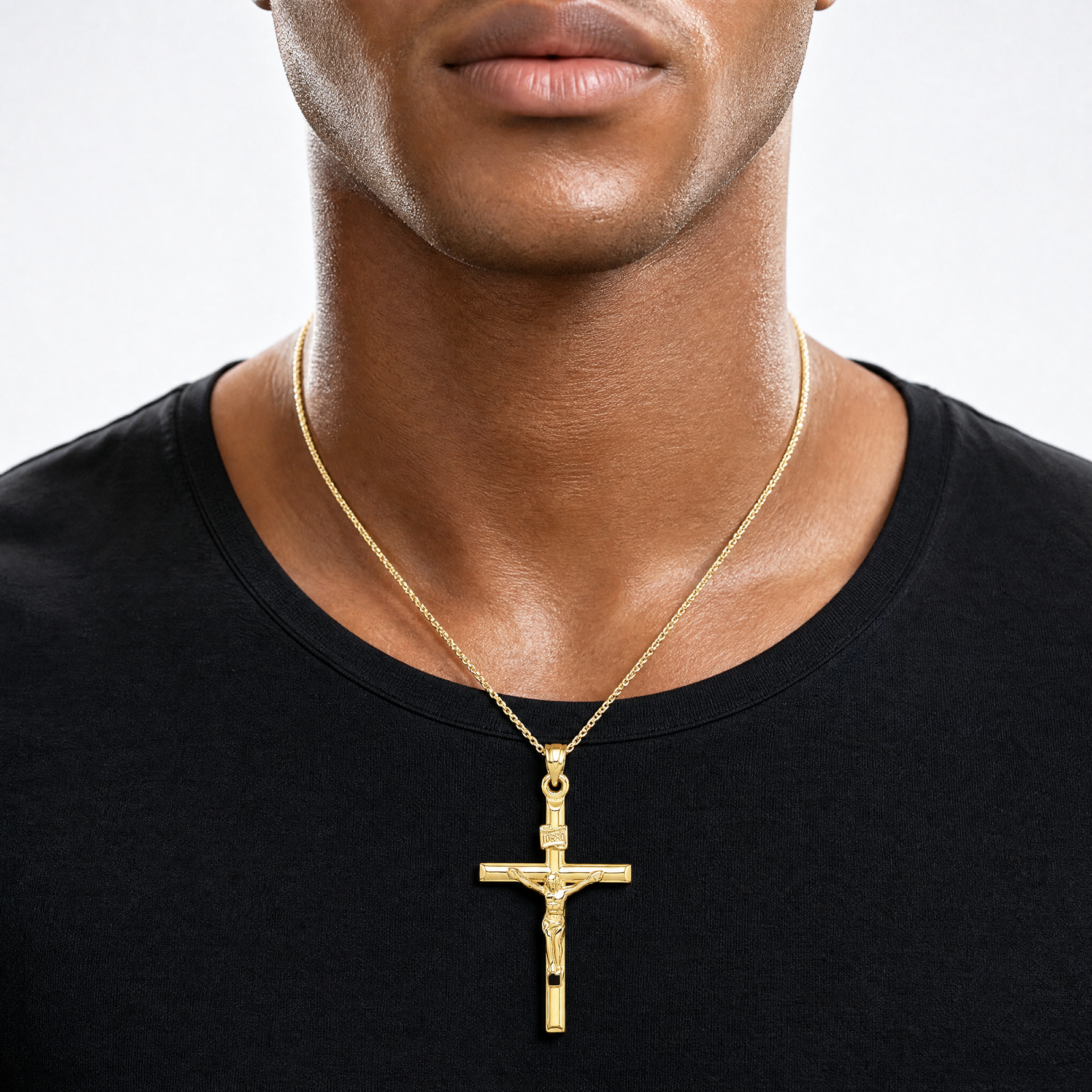 14k Hollow Crucifix Pendant - Model Shot