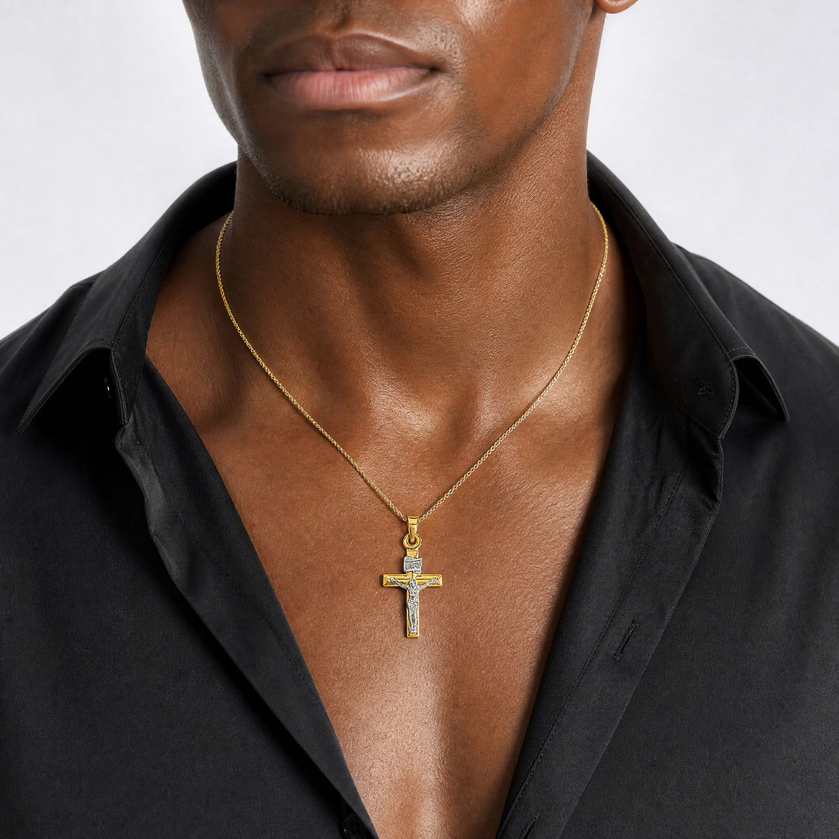 14k Two-tone Hollow Crucifix Pendant - Model Shot