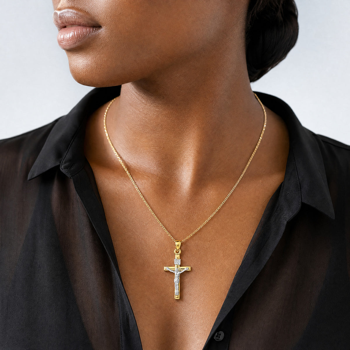 14k Two-tone Hollow Crucifix Pendant - Model Shot