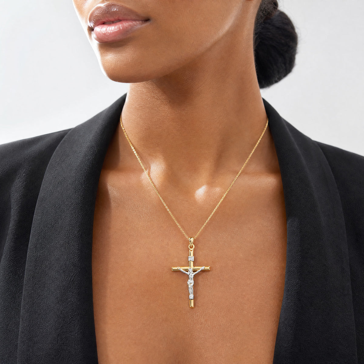 14k Two-tone Hollow Crucifix Pendant - Model Shot