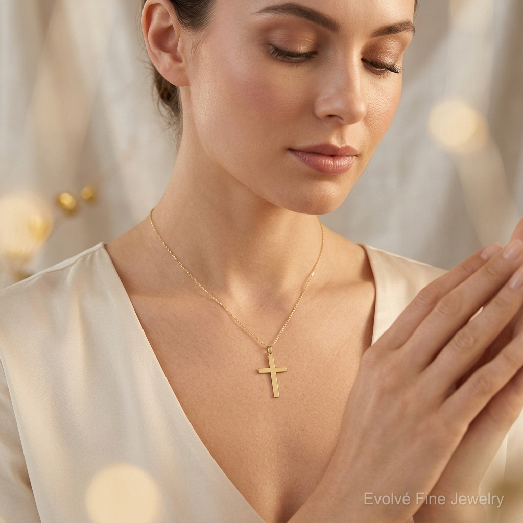 14k Polished Solid Cross Pendant - Model Shot