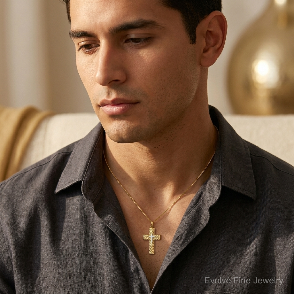 14k Two-tone Polished Hollow Woven Double Cross Pendant - Model Shot