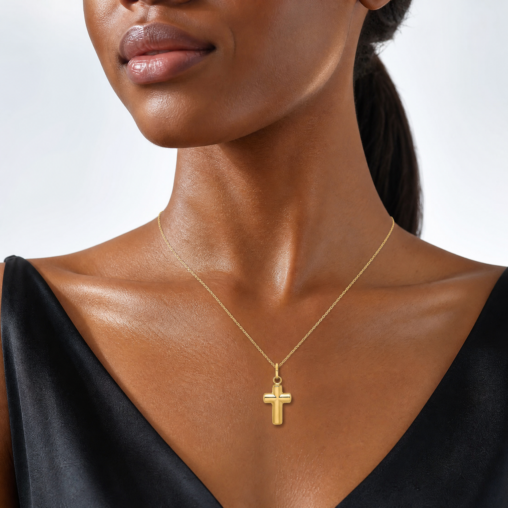 14k Polished Puffed Cross Pendant - Model Shot
