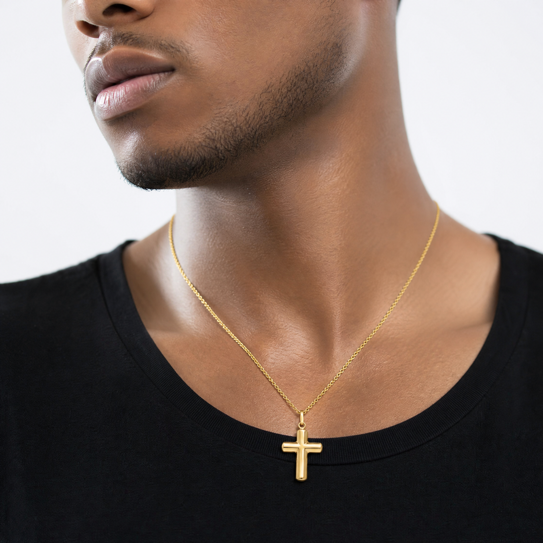 14k Polished Puffed Cross Pendant - Model Shot