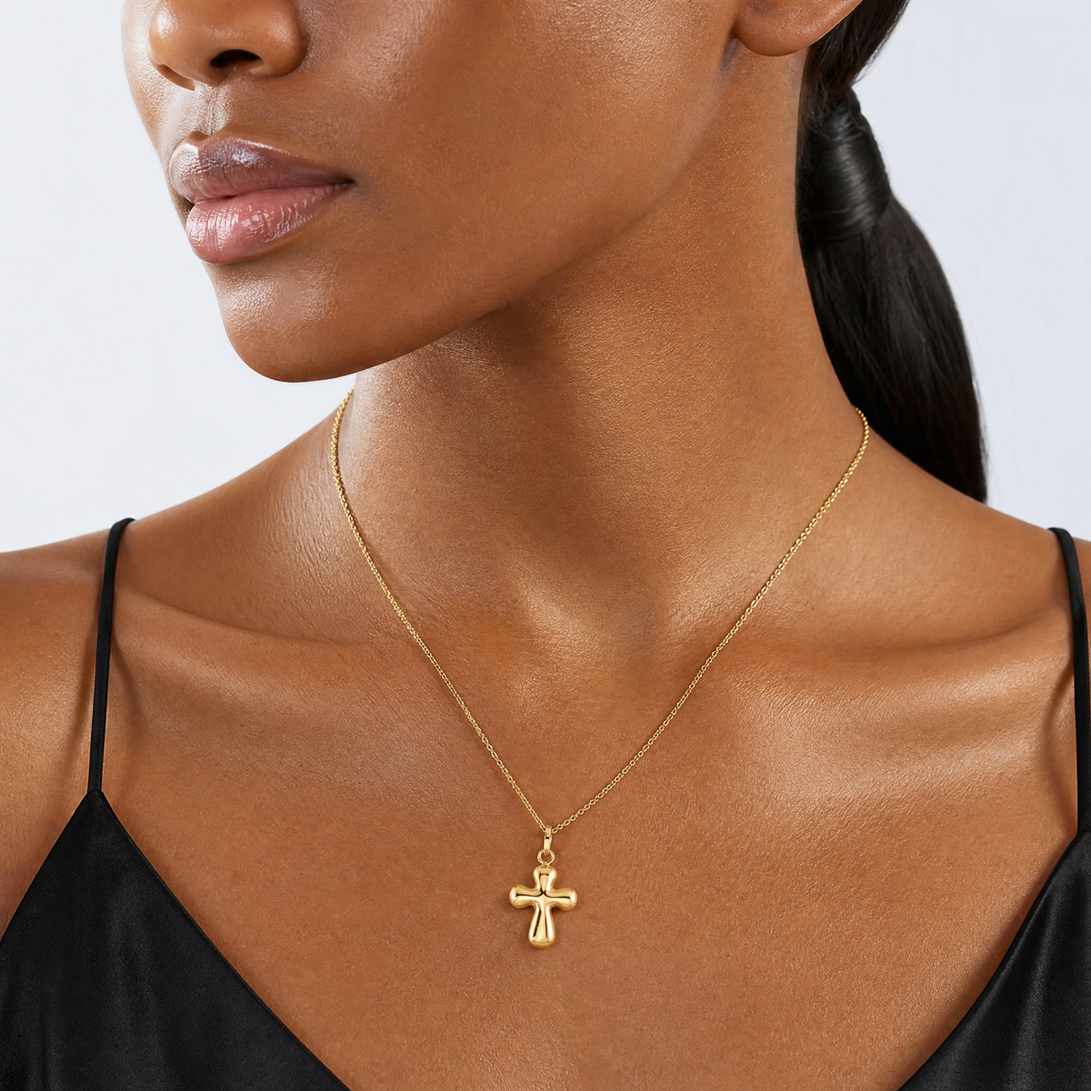 14k Polished Puffed Cross Pendant - Model Shot