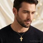 14k Polished and Textured Hollow Scroll Design Double Cross Pendant - Model Shot