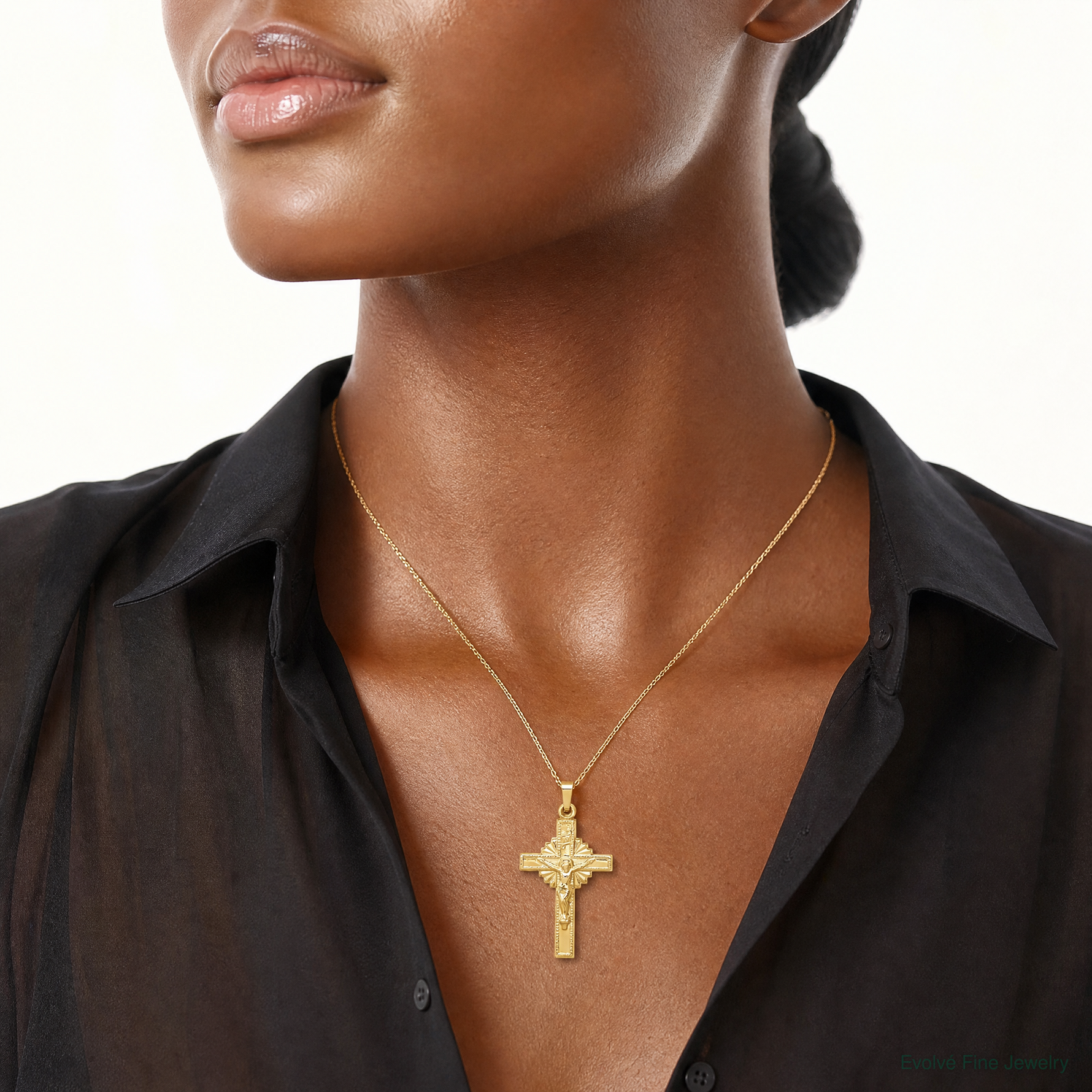 14k INRI Hollow Crucifix Pendant - Model Shot