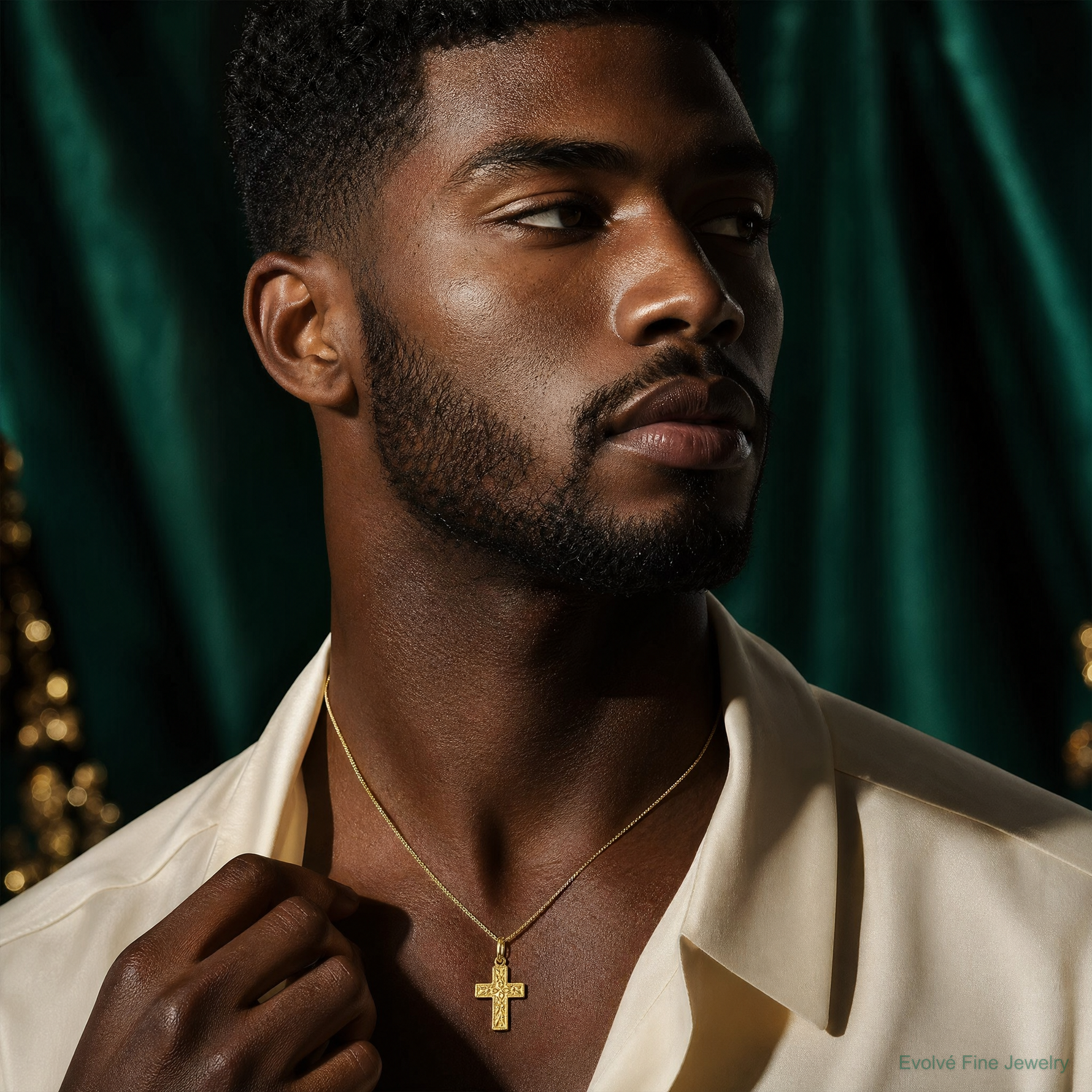 14K Floral Cross Charm - Model Shot
