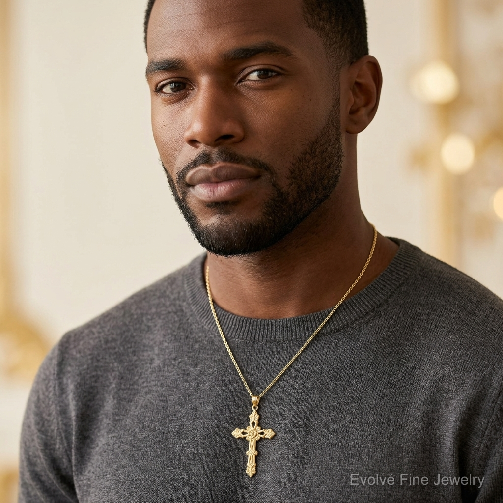 14K Polished Fleur de Lis Cross Pendant - Model Shot