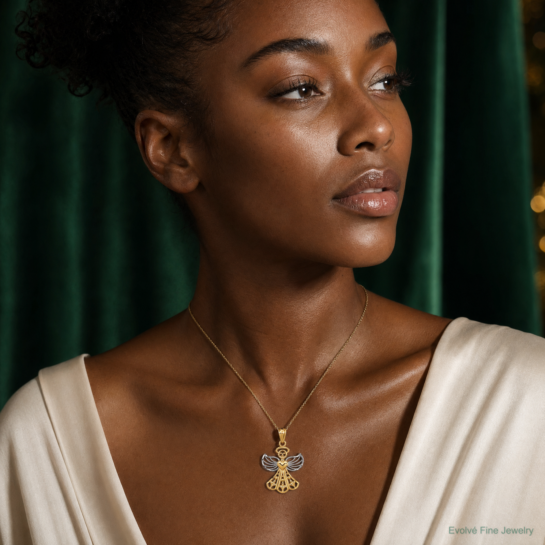 14K w/Rhodium Filigree Angel Pendant - Model Shot