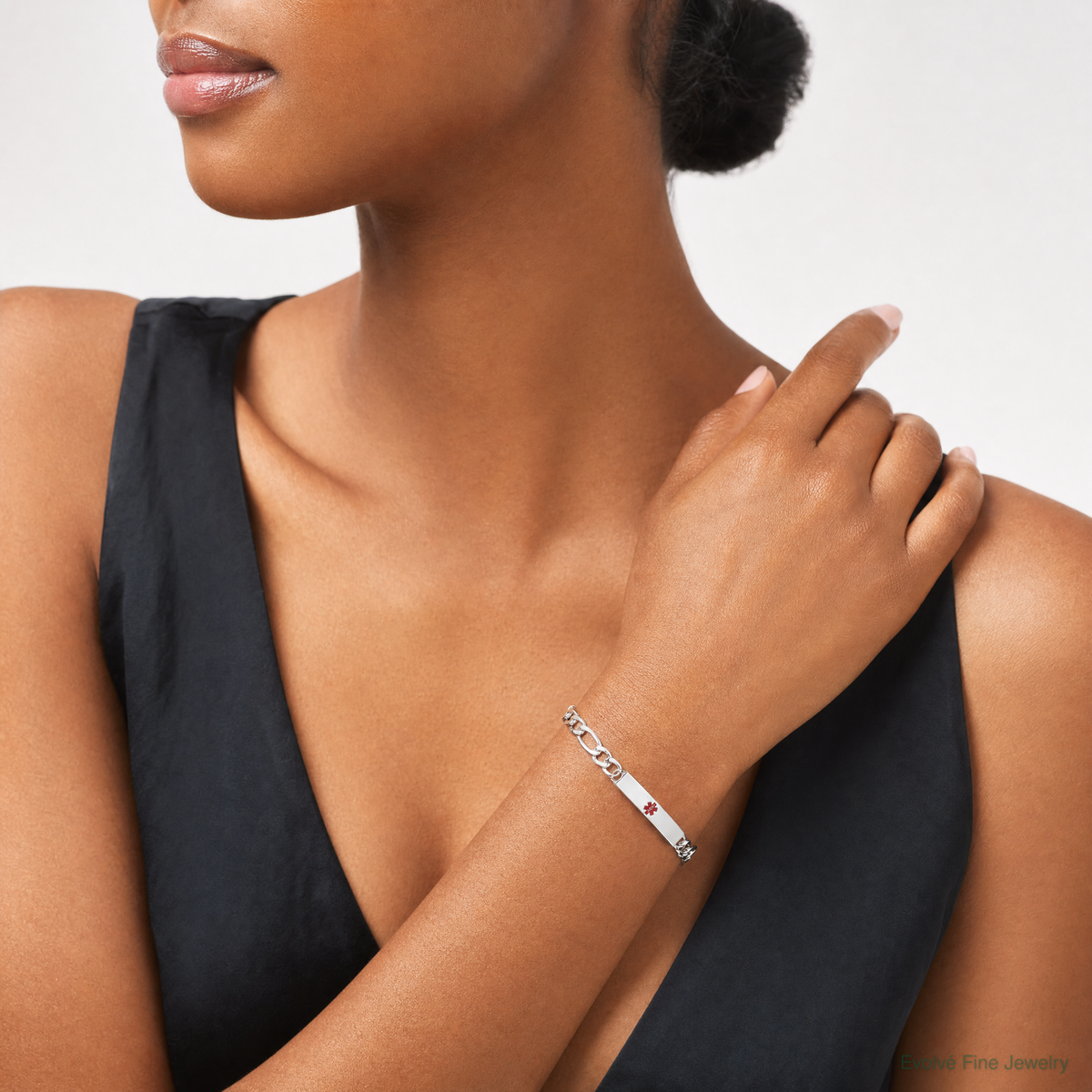 Sterling Silver Polished Medical Figaro Anchor Link ID Bracelet - Model Shot
