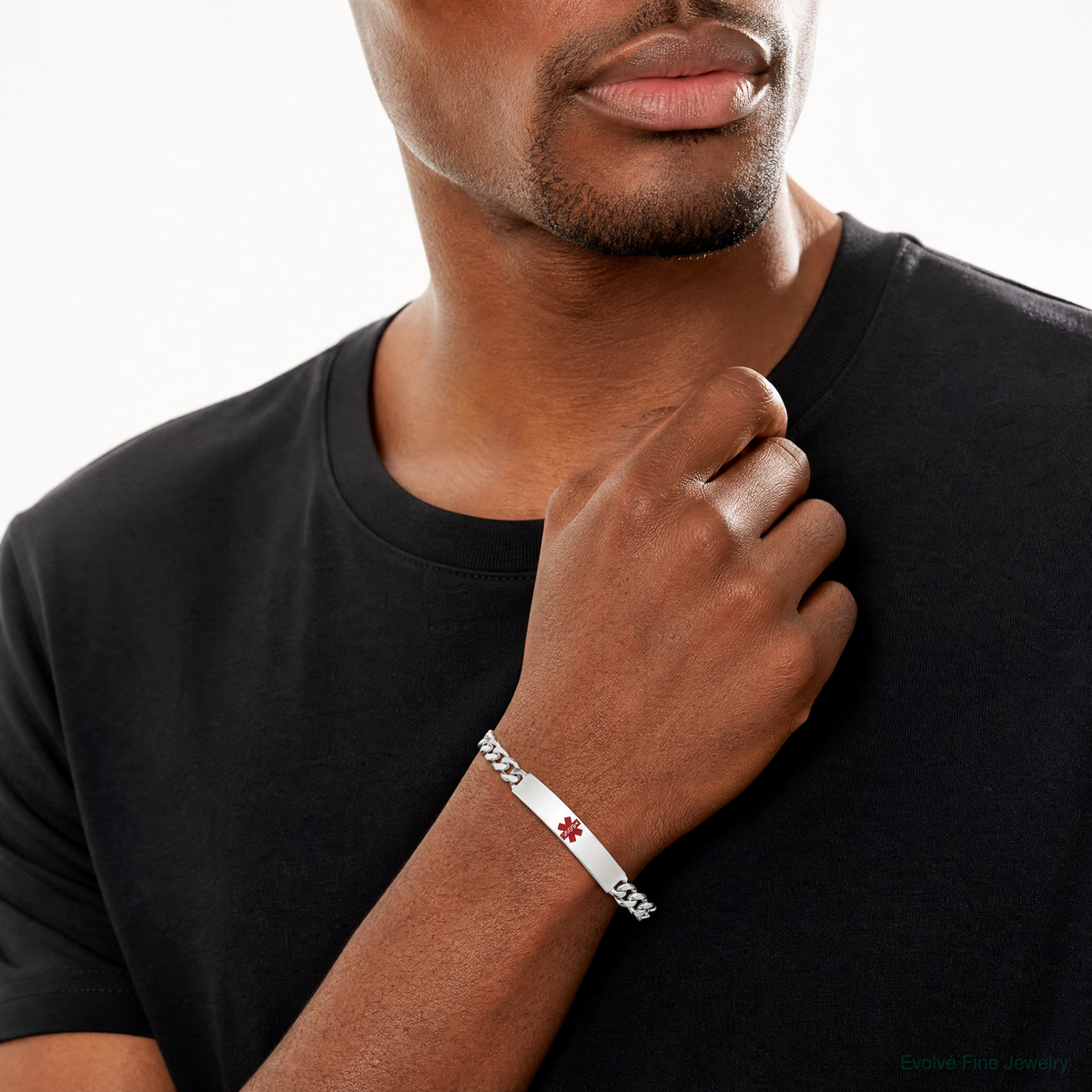 Sterling Silver Polished Medical Curb Link ID Bracelet - Model Shot