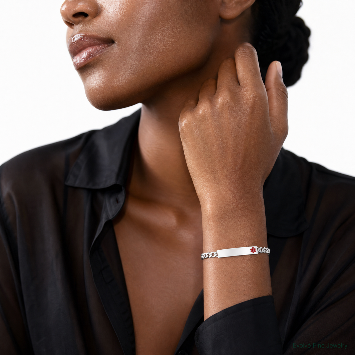 Sterling Silver Polished Medical Curb Link ID Bracelet - Model Shot