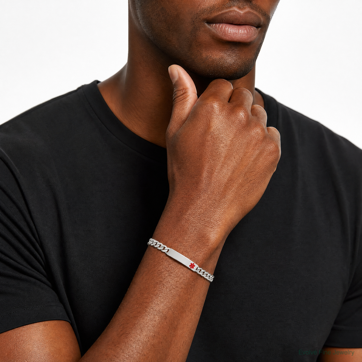 Sterling Silver Polished Medical Curb Link ID Bracelet - Model Shot