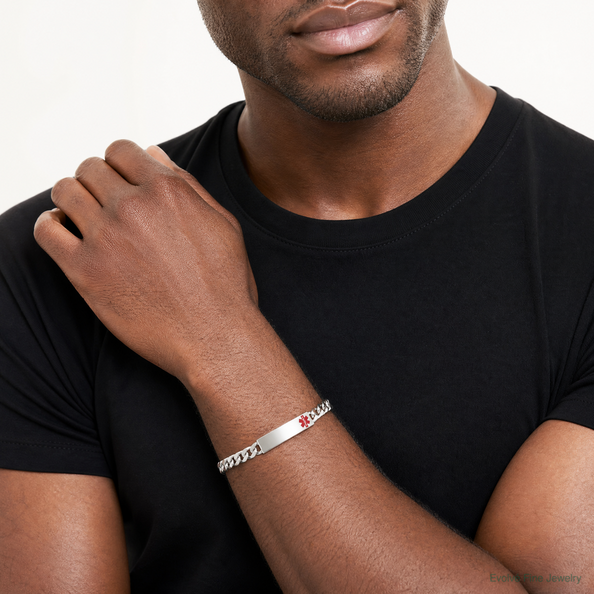 Sterling Silver Polished Medical Curb Link ID Bracelet - Model Shot