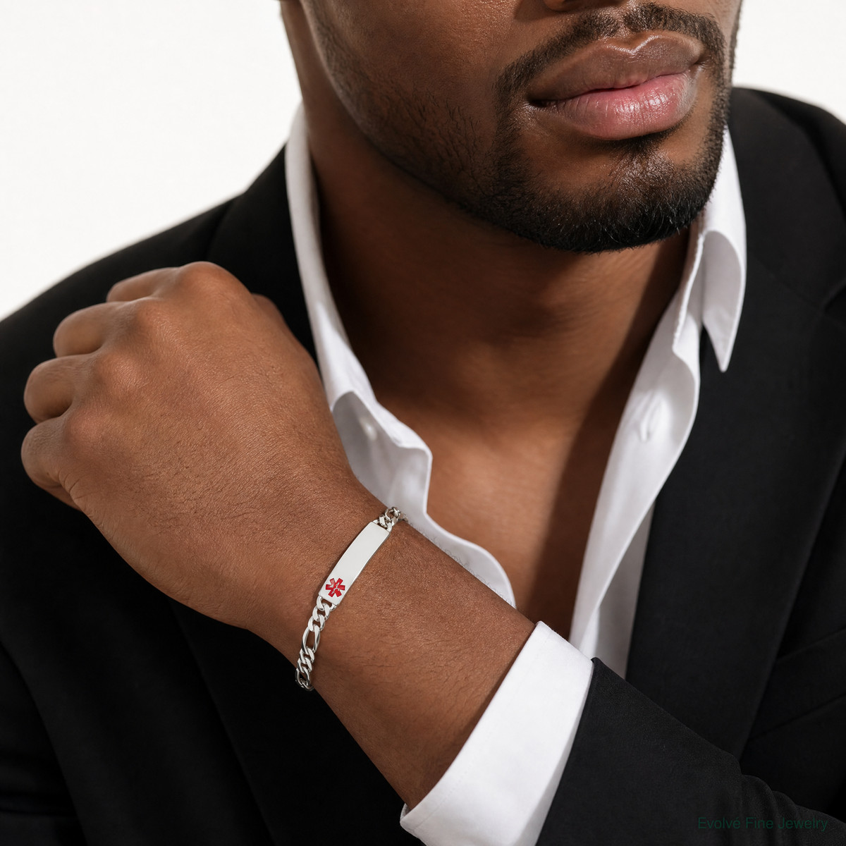 Sterling Silver Polished Medical Figaro Anchor Link ID Bracelet - Model Shot
