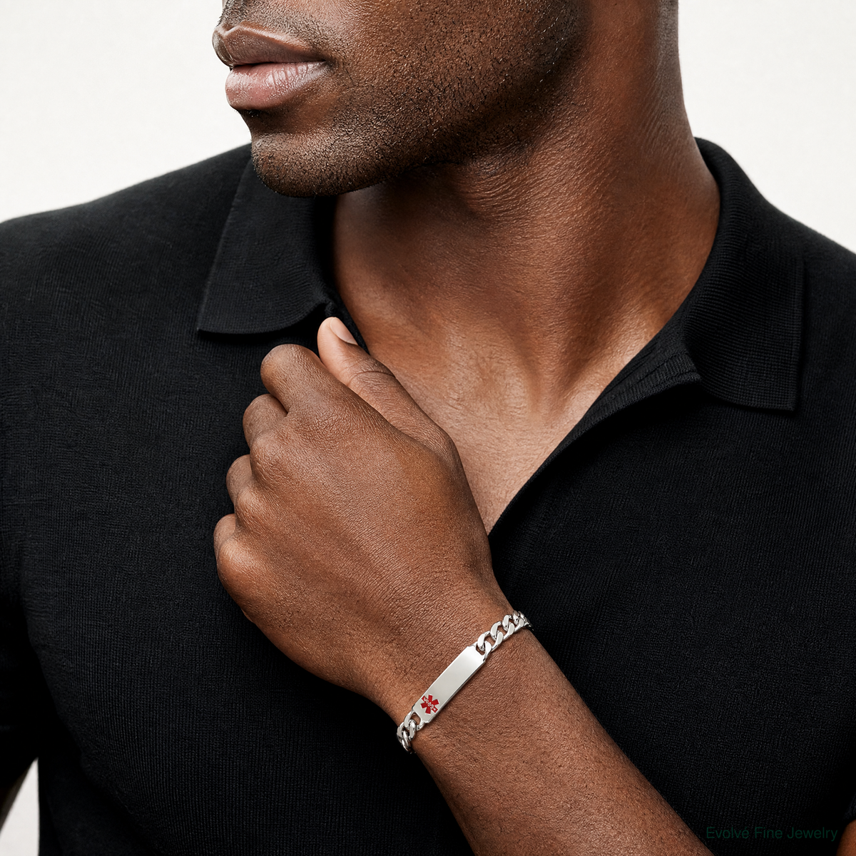 Sterling Silver Polished Medical Curb Link ID Bracelet - Model Shot