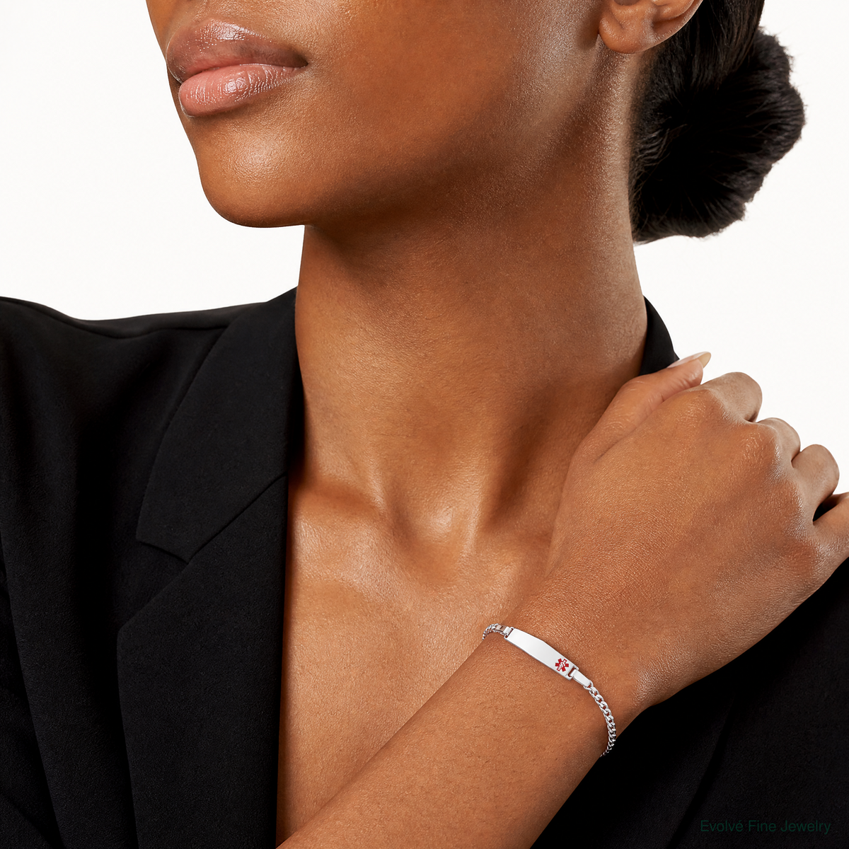 Sterling Silver Rhodium-plated Medical ID Curb Link Bracelet - Model Shot