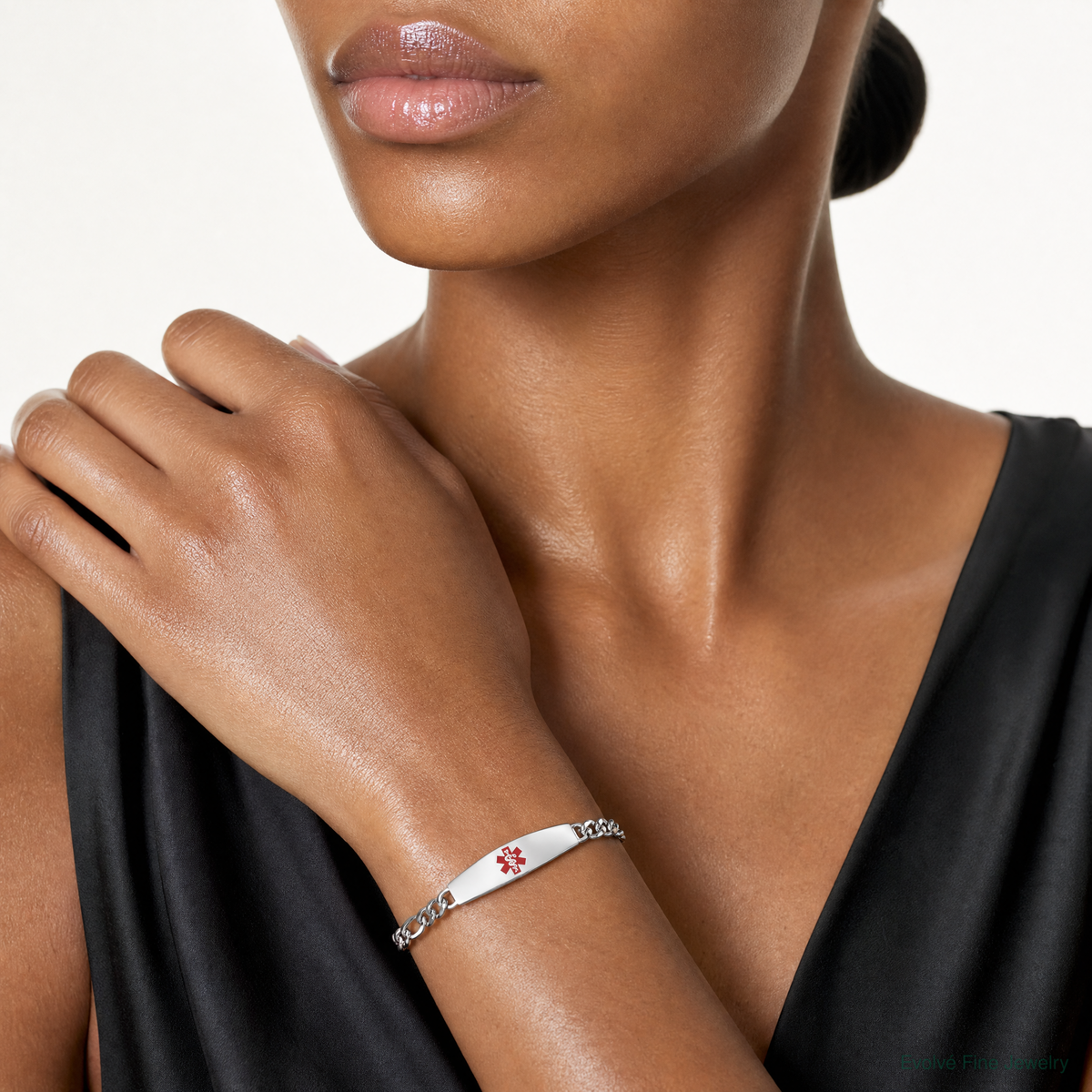 Sterling Silver Rhodium-plated Medical ID Figaro Link Bracelet - Model Shot