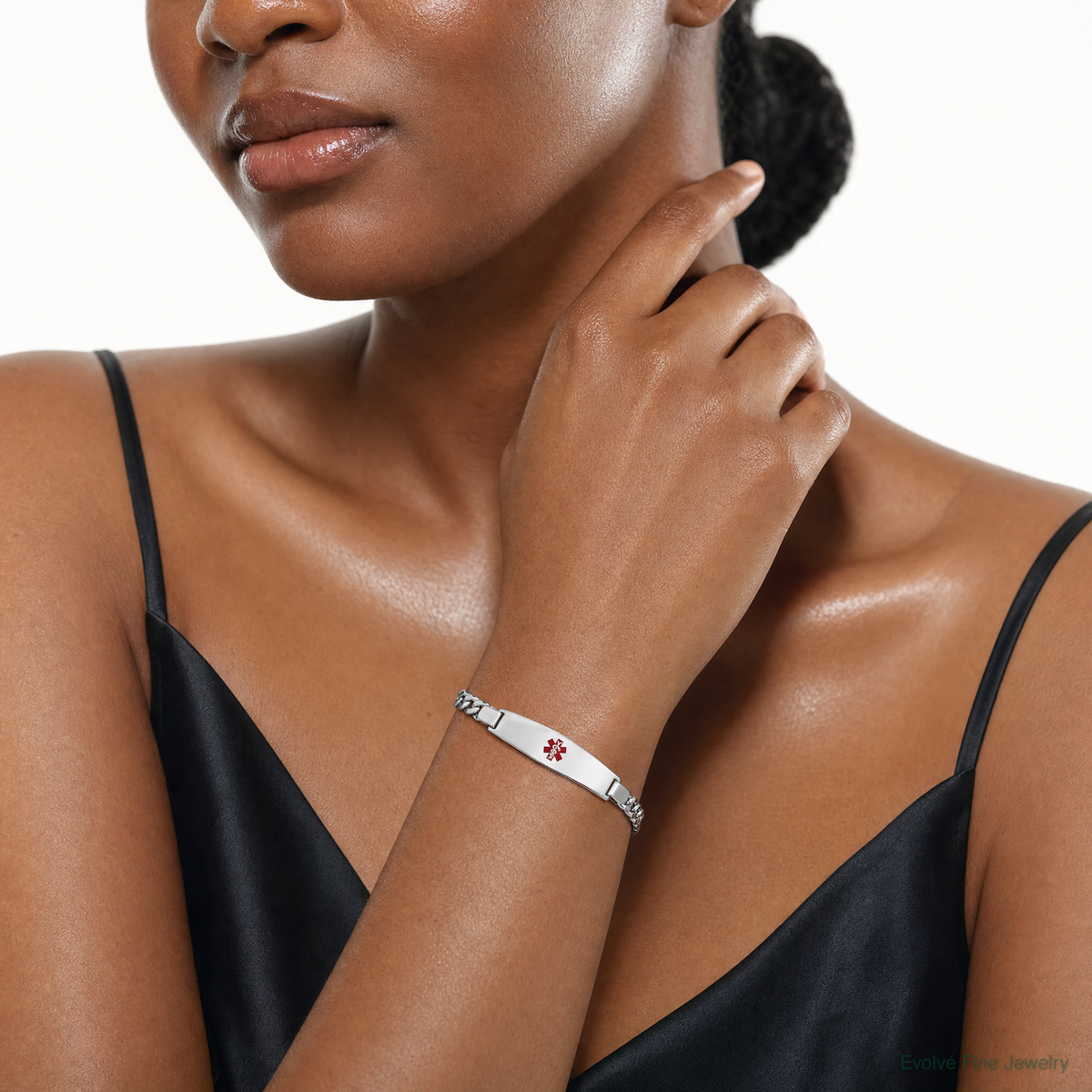Sterling Silver Rhodium-plated Medical ID Curb Link Bracelet - Model Shot