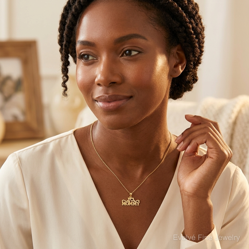 14k Yellow Gold I Heart Mommy Pendant - Model Shot