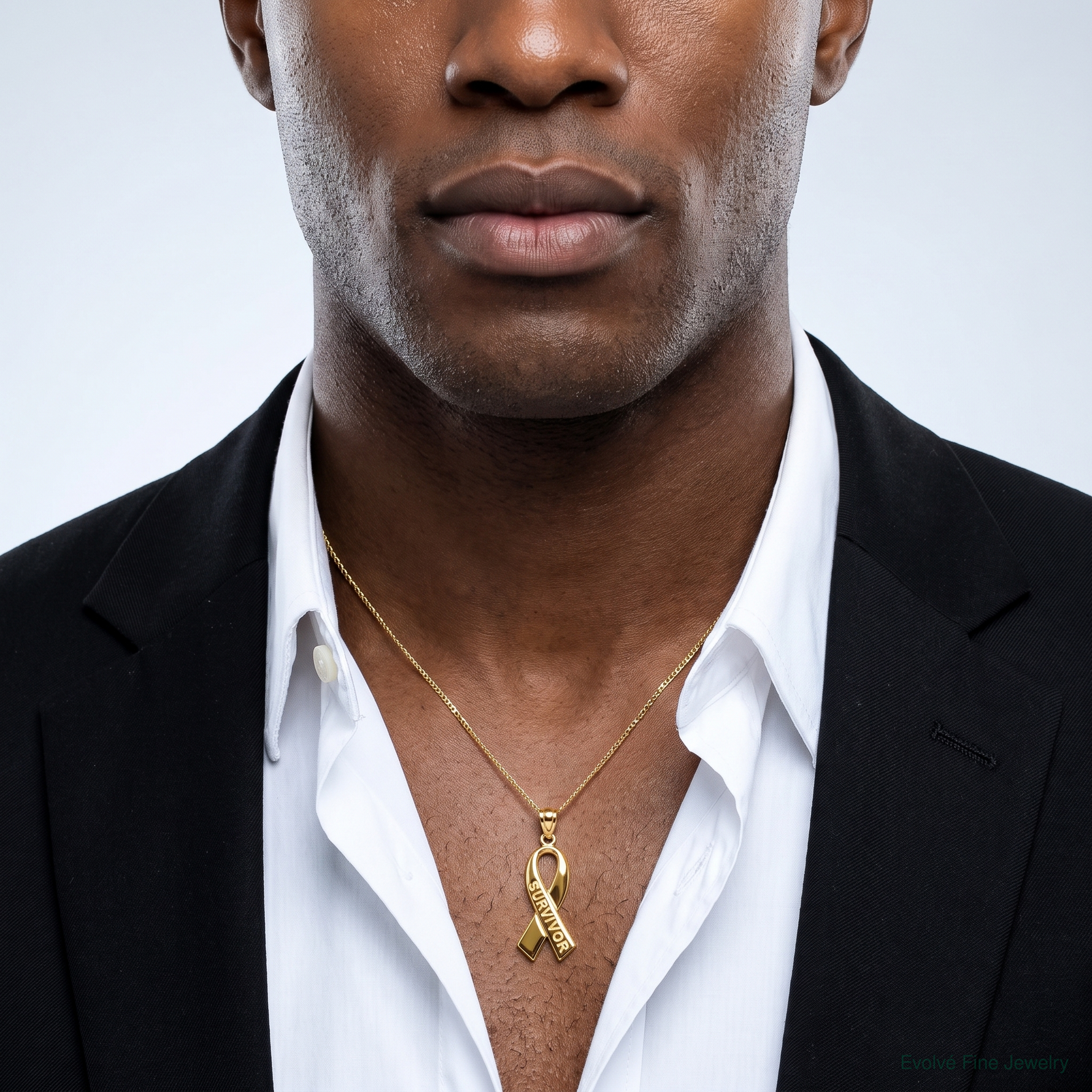 14k Gold Polished SURVIVOR Ribbon Pendant - Model Shot