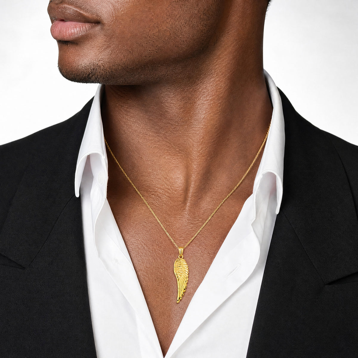 14K Gold Polished and Textured Angel Wing Pendant - Model Shot