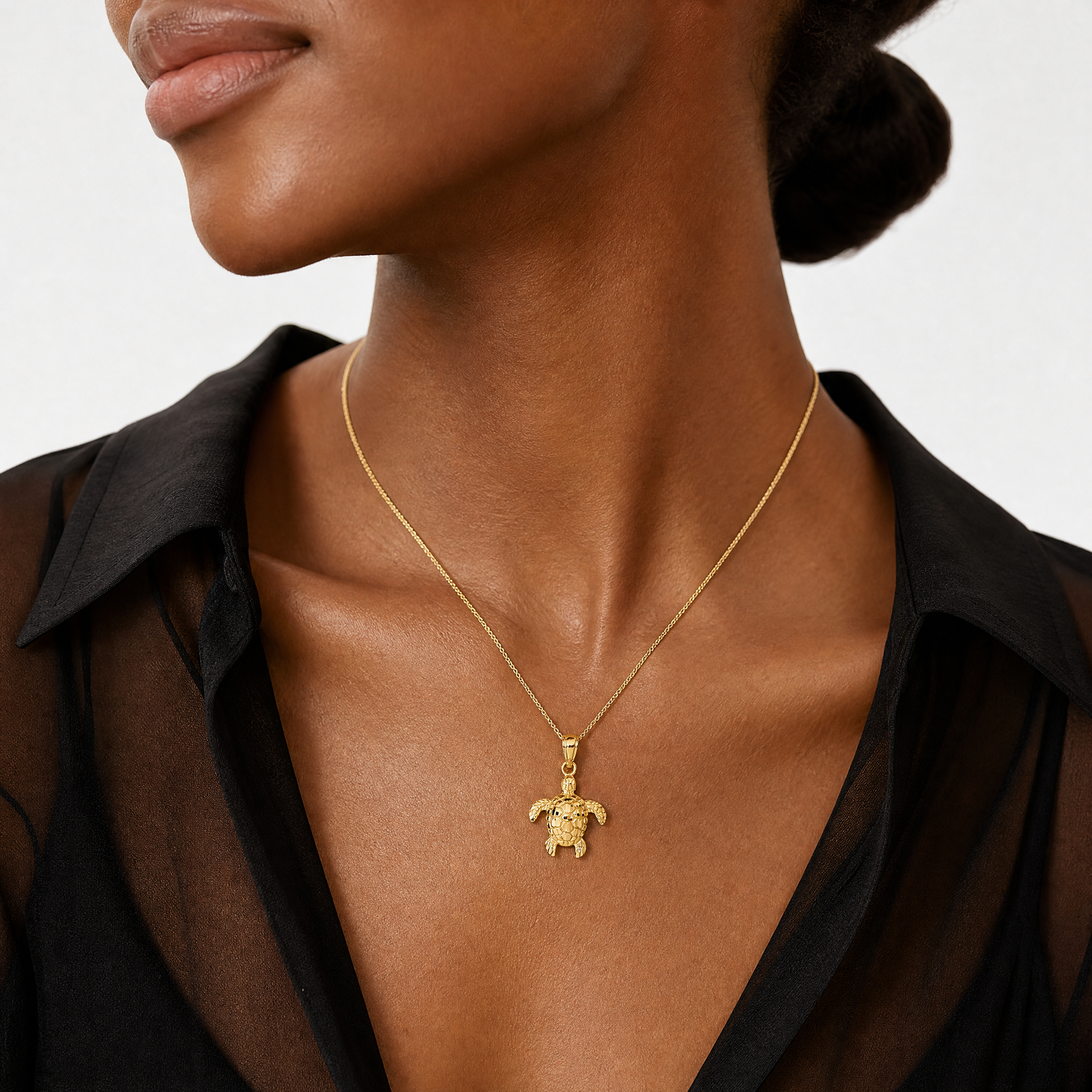 14K Gold Polished and Textured Diamond-cut Turtle Pendant - Model Shot