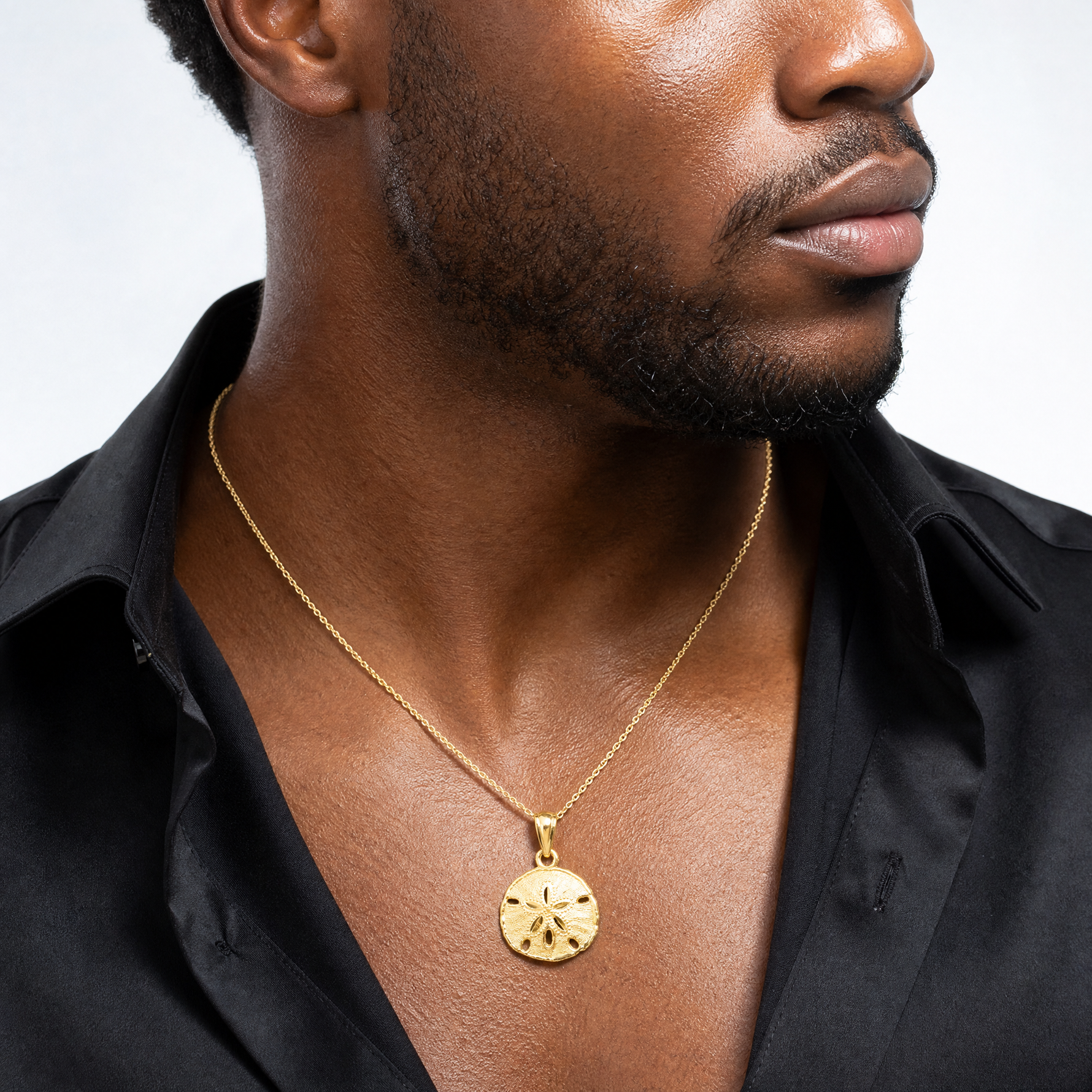 14K Gold Polished and Textured Sand Dollar Pendant - Model Shot