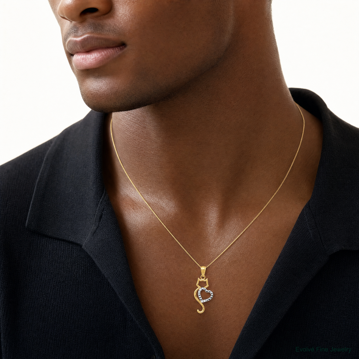 14k Rhodium-Plated Polished Cat w/Heart Pendant - Model Shot