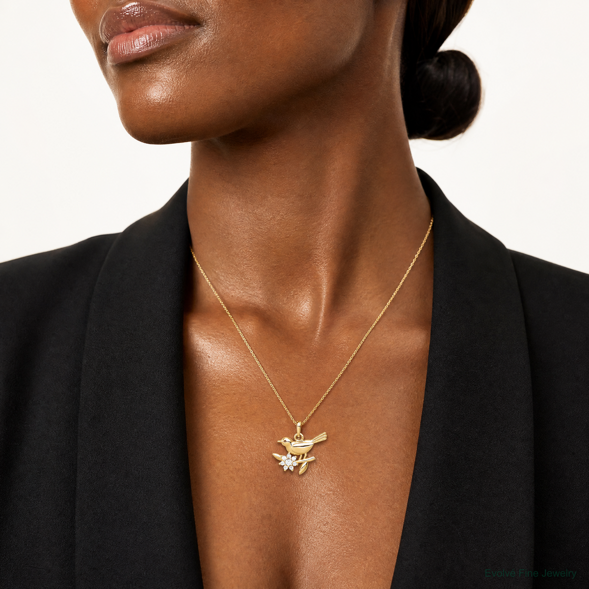 14K Bird on a Branch CZ Pendant - Model Shot
